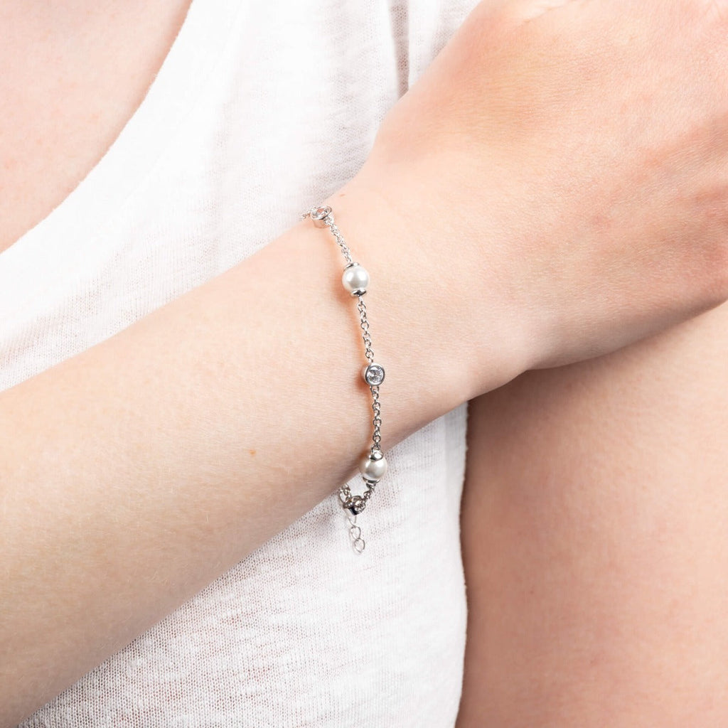 Diamonfire Shell Pearl and Zirconia Station Bracelet in Sterling Silver