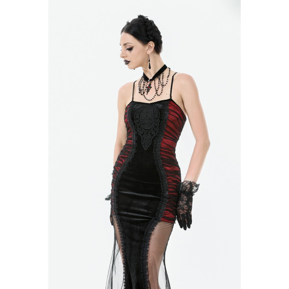 Dark in Love Lilith Goth Gown – Red & Black Velvet Mesh Panel Dress