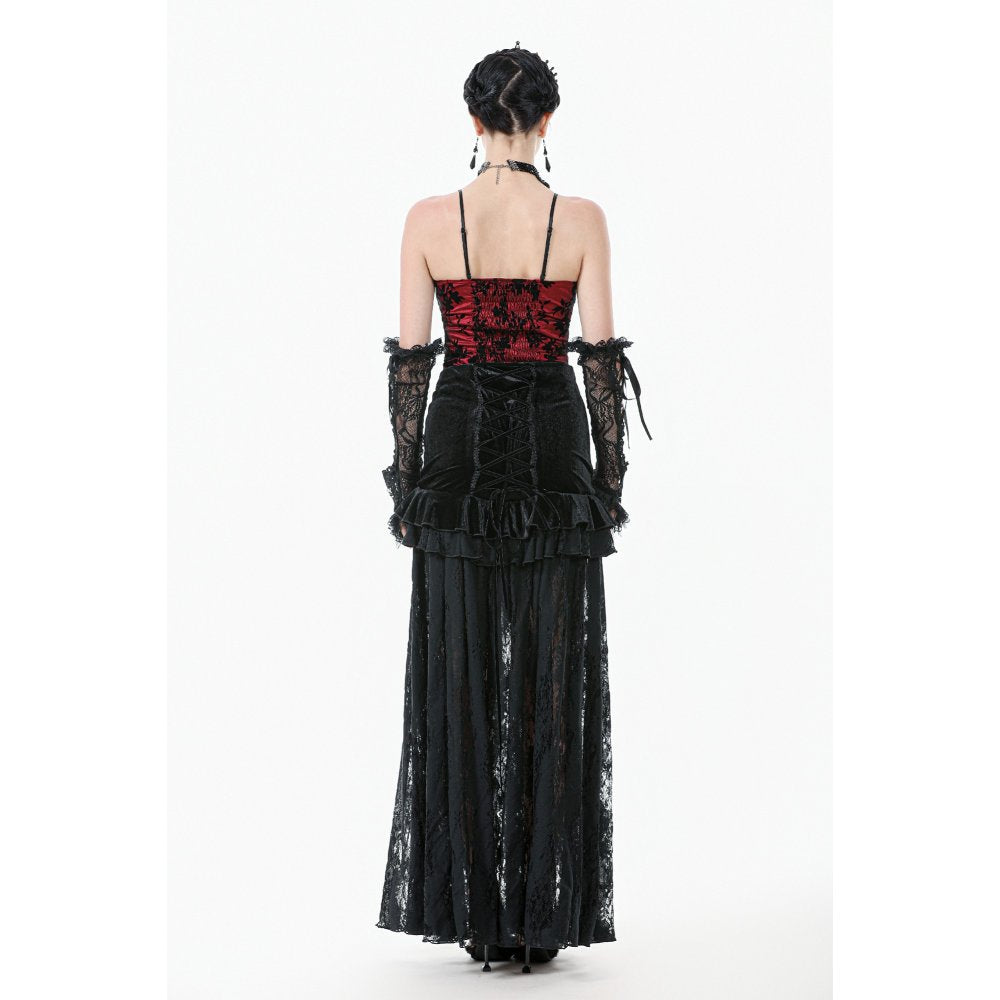 Dark in Love Gothic Lace Velvet Layered Maxi Skirt – Black Victorian