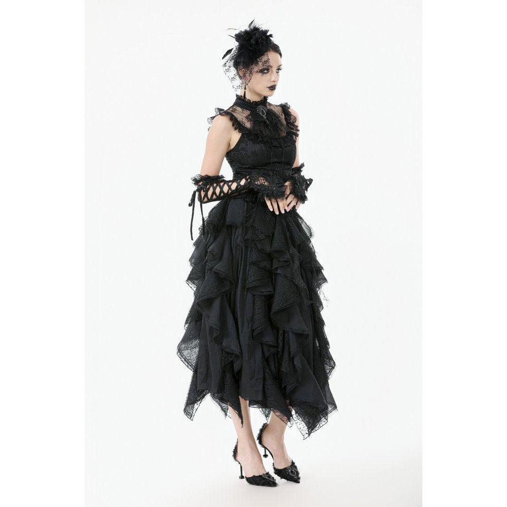 Dark in Love Morrigan Ruffled Goth Midi Skirt - Black Lace Asymmetric