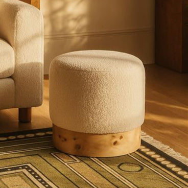 Orsina Mota Round Stool – Burl Wood and Cream Boucle Ottoman