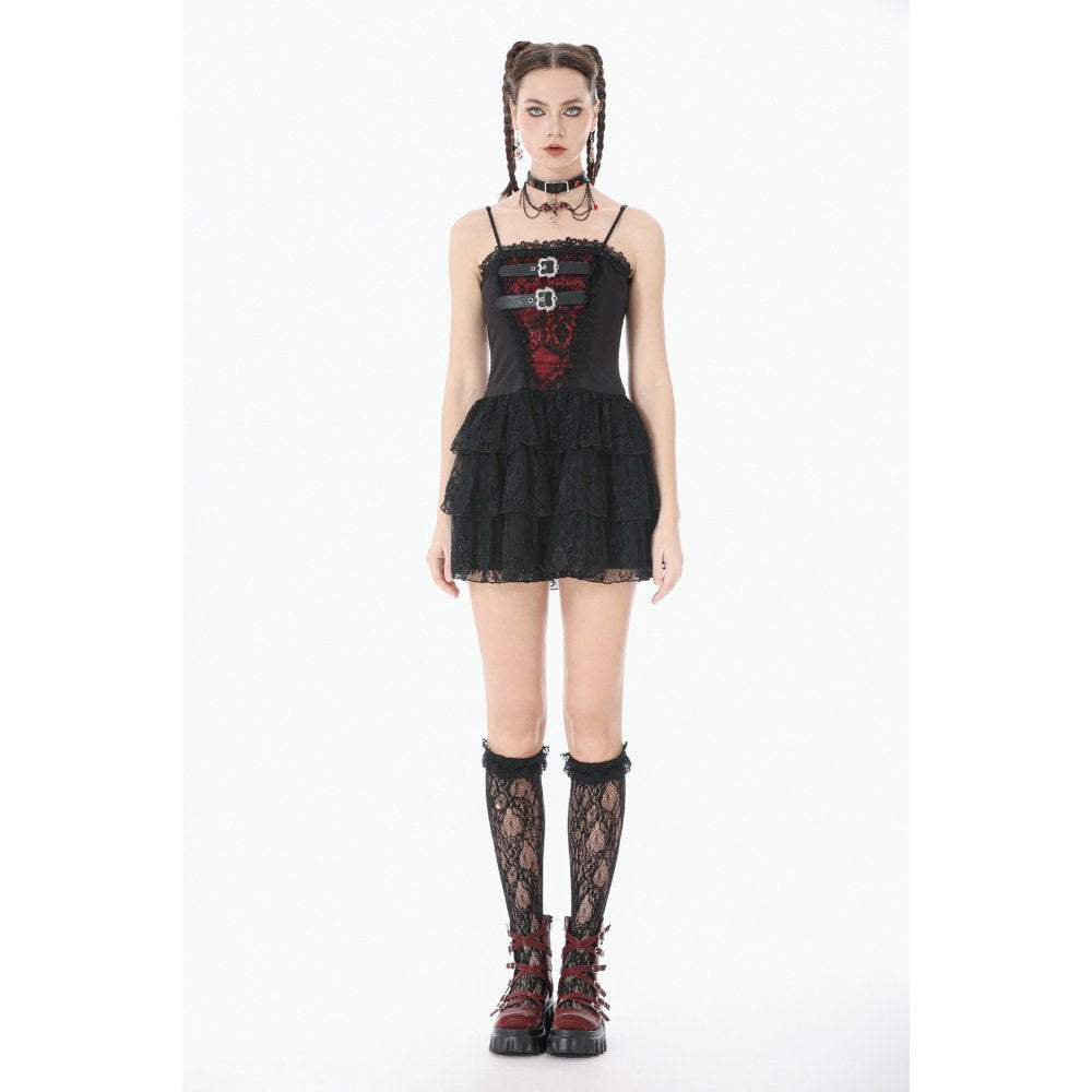 Dark in Love Crimson Shadow Layered Lace Cake Dress – Black and Red