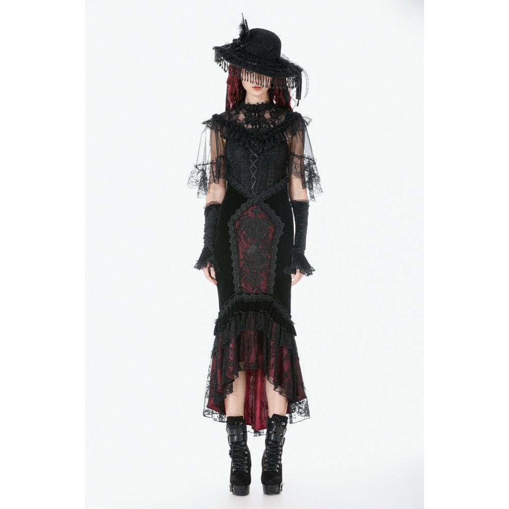 Dark in Love Gothic Velvet Mermaid Skirt – Elegant Red Lace Trim