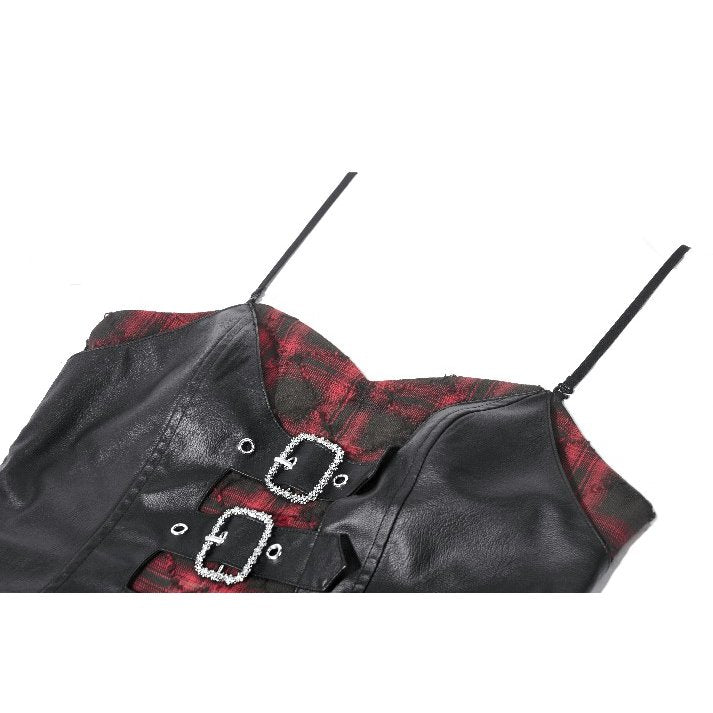Dark in Love Red Plaid & Faux Leather Layered Punk Sweetcore Dress