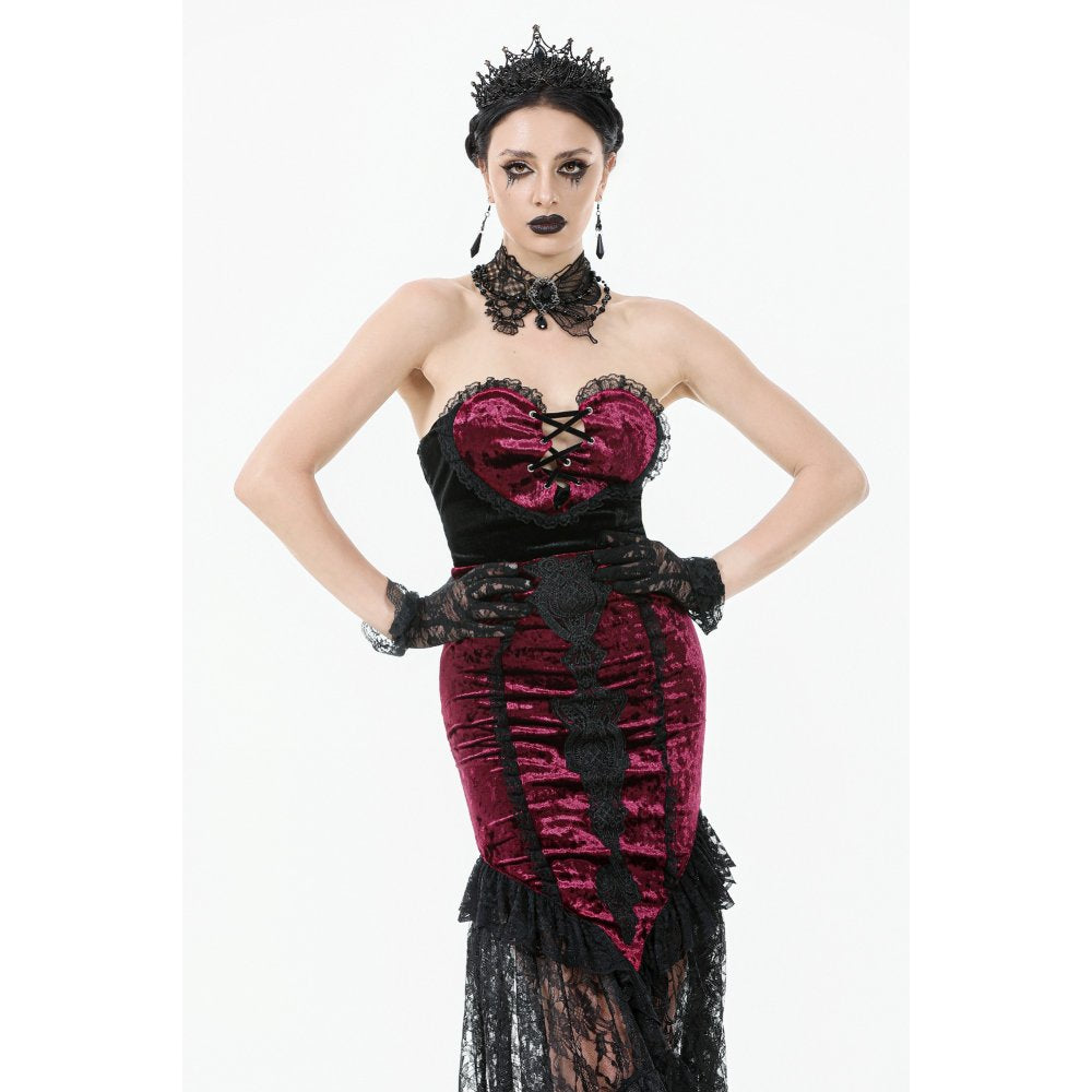 Dark in Love Crimson Queen High-Low Goth Skirt – Burgundy Velvet & Lace