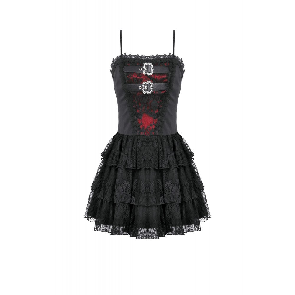 Dark in Love Crimson Shadow Layered Lace Cake Dress – Black and Red