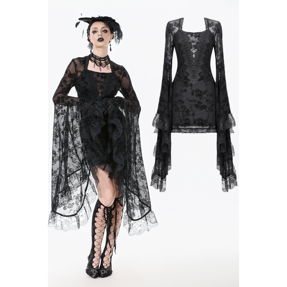 Dark In Love Minerva Black Lace Dress – Gothic Bell Sleeve Mini Dress