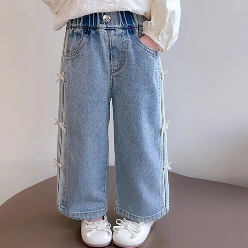 Girls Bow Jeans – 2025 Spring Autumn Loose Denim Trousers with Ribbon Detail