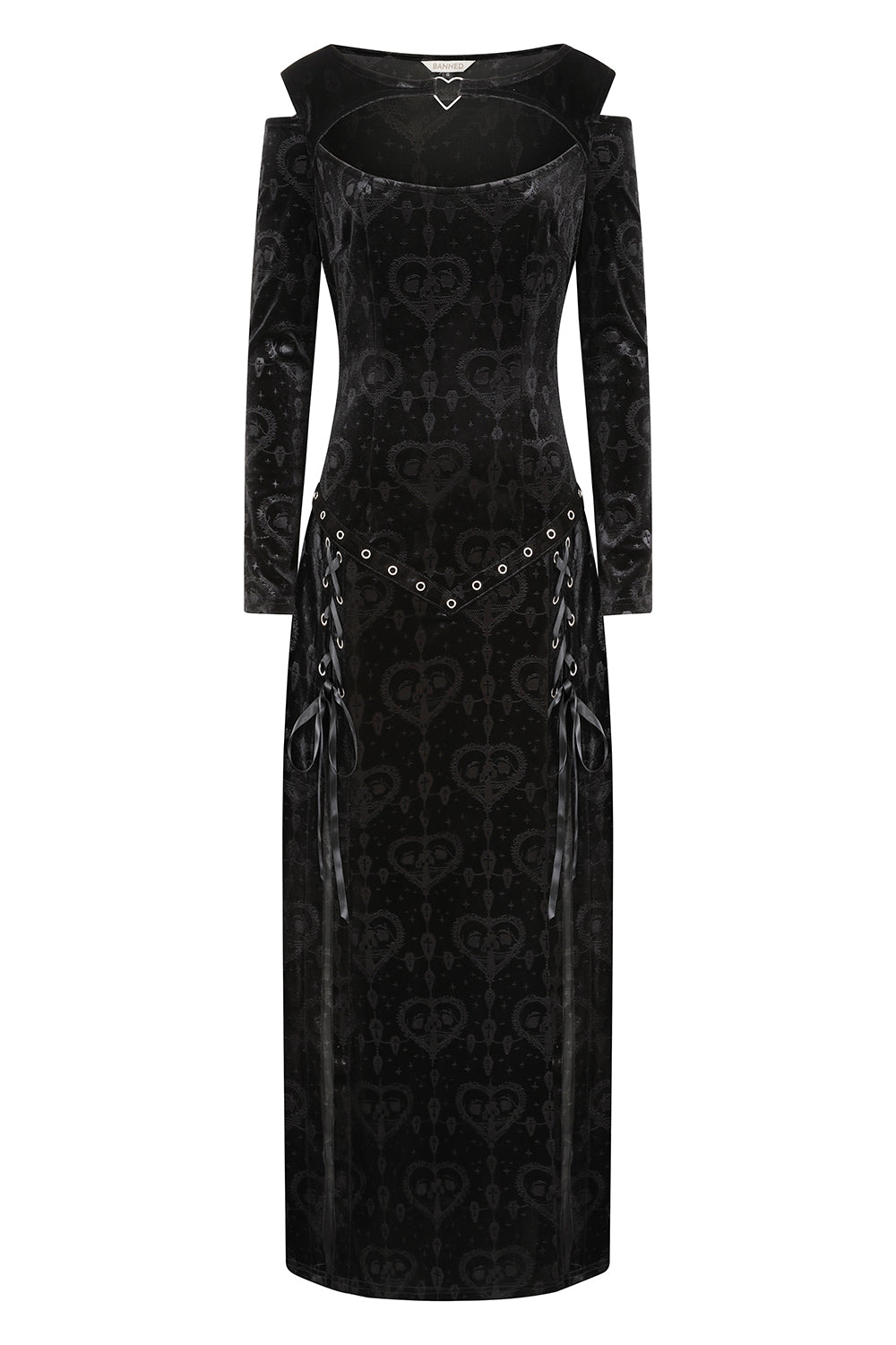 Banned Amara Gothic Burnout Velvet Dress – Black Cold-Shoulder Gown