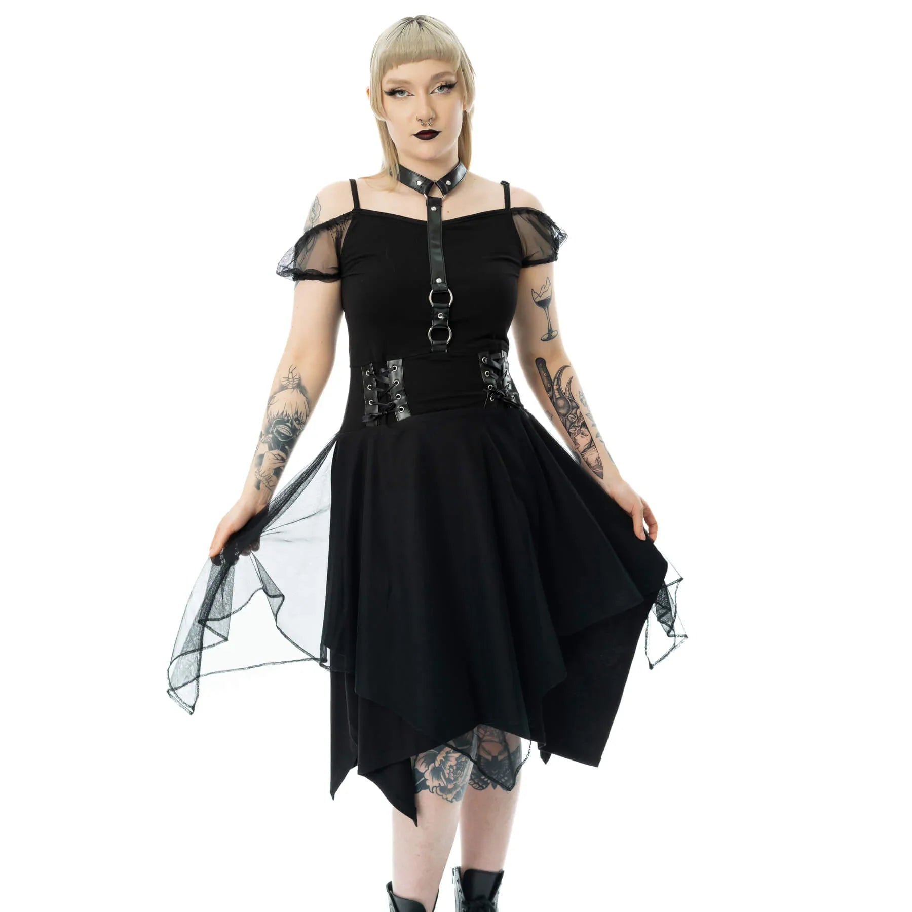 Poizen Industries Banshee Gothic Mini Dress | Lace-Up Mesh Cold Shoulder