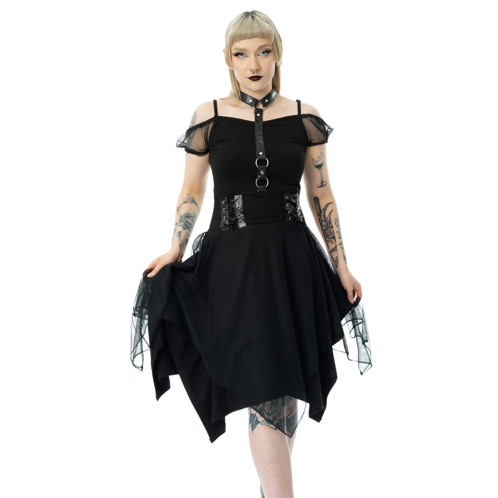 Poizen Industries Banshee Gothic Mini Dress | Lace-Up Mesh Cold Shoulder