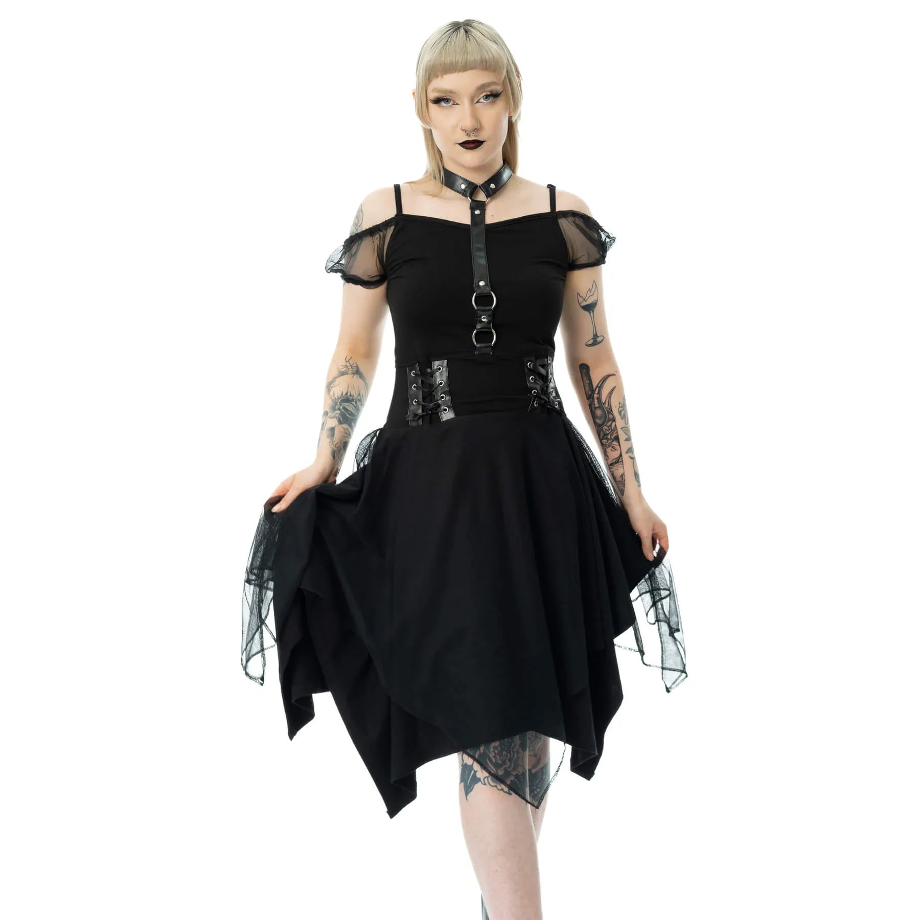 Poizen Industries Banshee Gothic Mini Dress | Lace-Up Mesh Cold Shoulder