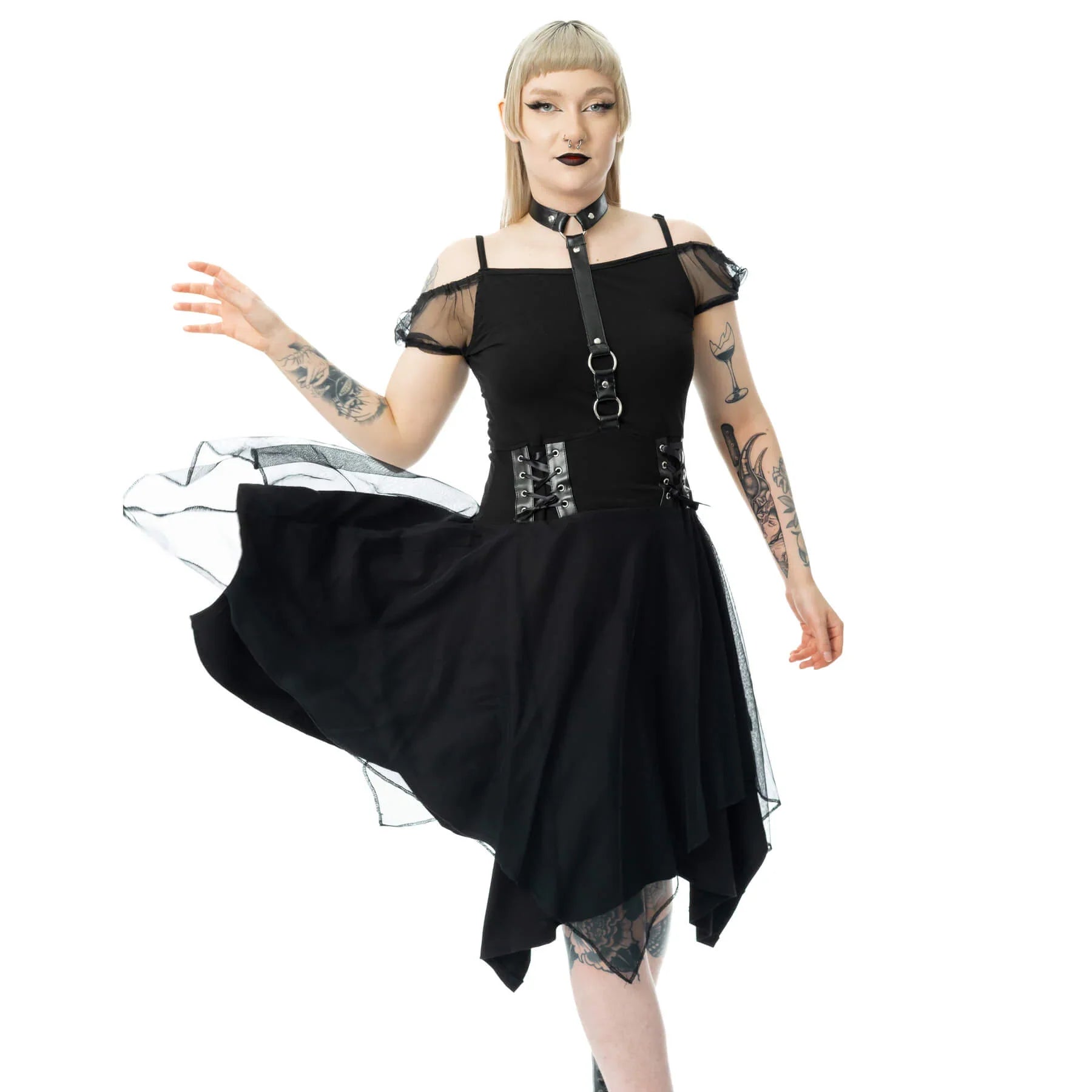 Poizen Industries Banshee Gothic Mini Dress | Lace-Up Mesh Cold Shoulder