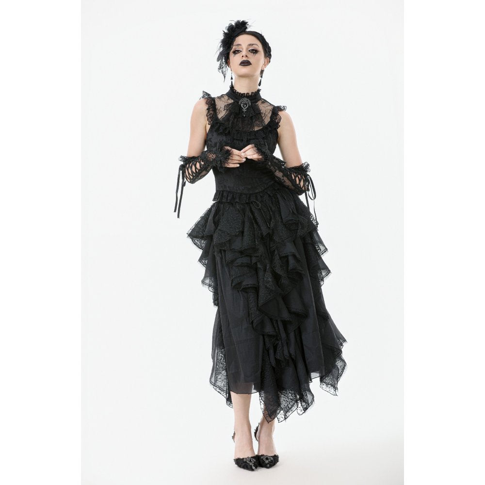 Dark in Love Seraphina Ruched Lace Goth Blouse - Black Satin