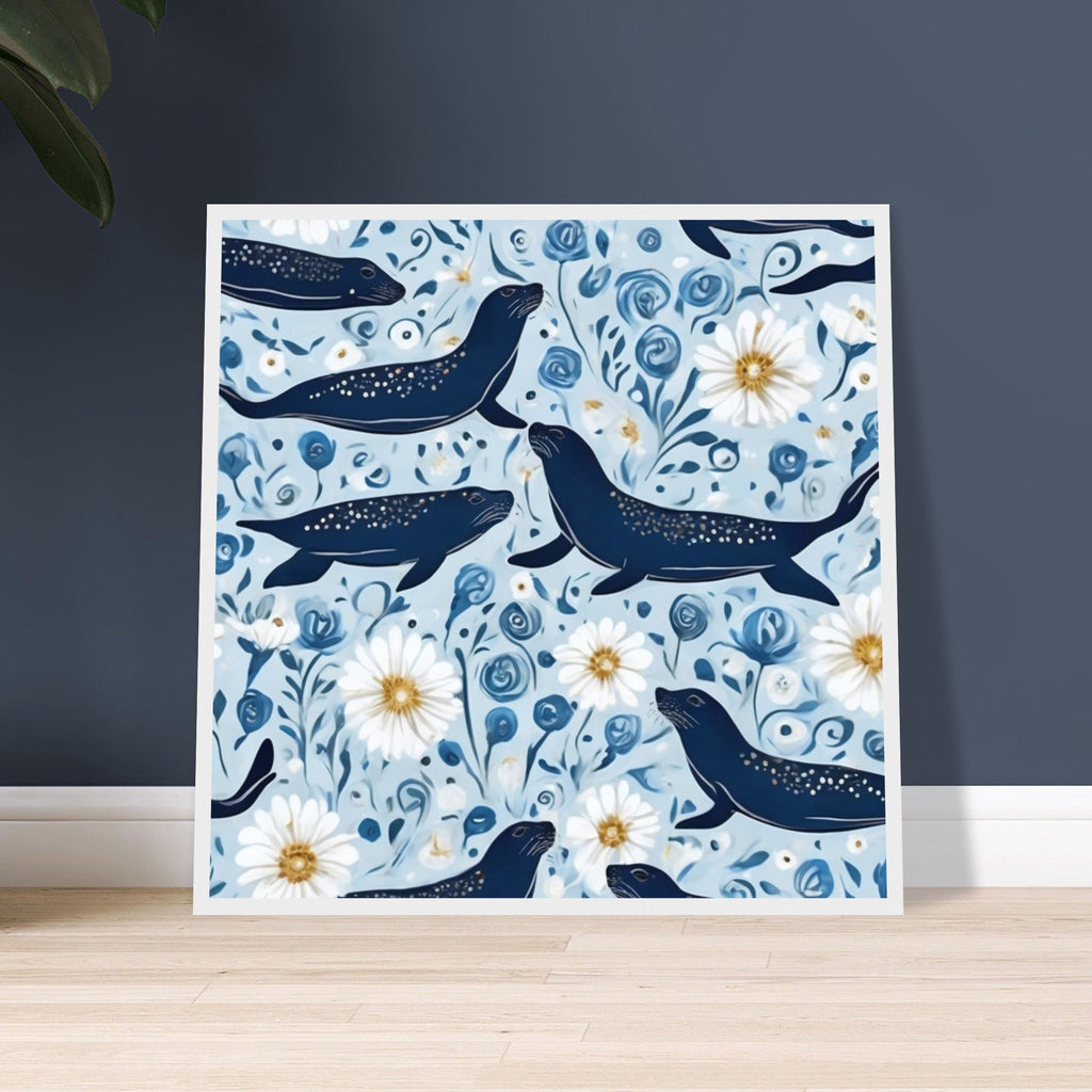 Whimsical Seal and Daisy Framed Wall Art – Coastal Nature Print, Ready to Hang