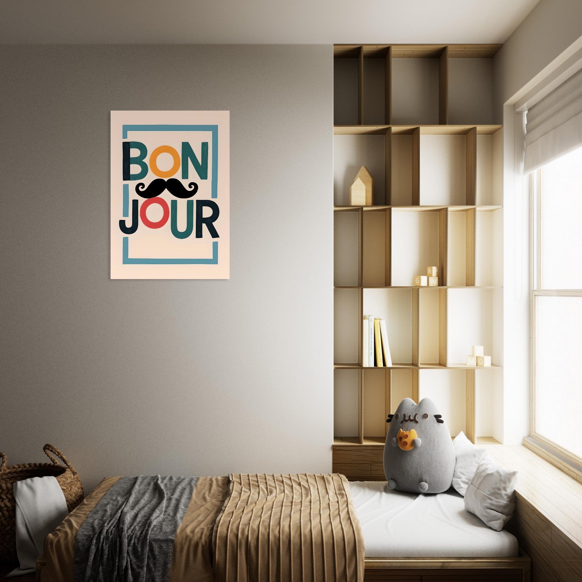 Bonjour Poster - Quirky French Greeting Wall Art with Mustache - Fun Living Room & Café Decor