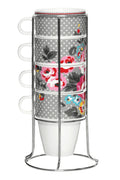 Orsina Pippa Stackable Mugs with Stand – Set of 4 Patterned Cups
