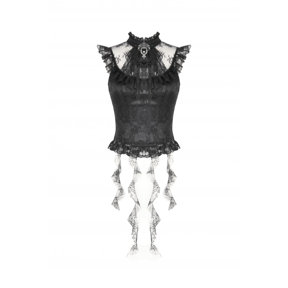 Dark in Love Seraphina Ruched Lace Goth Blouse - Black Satin