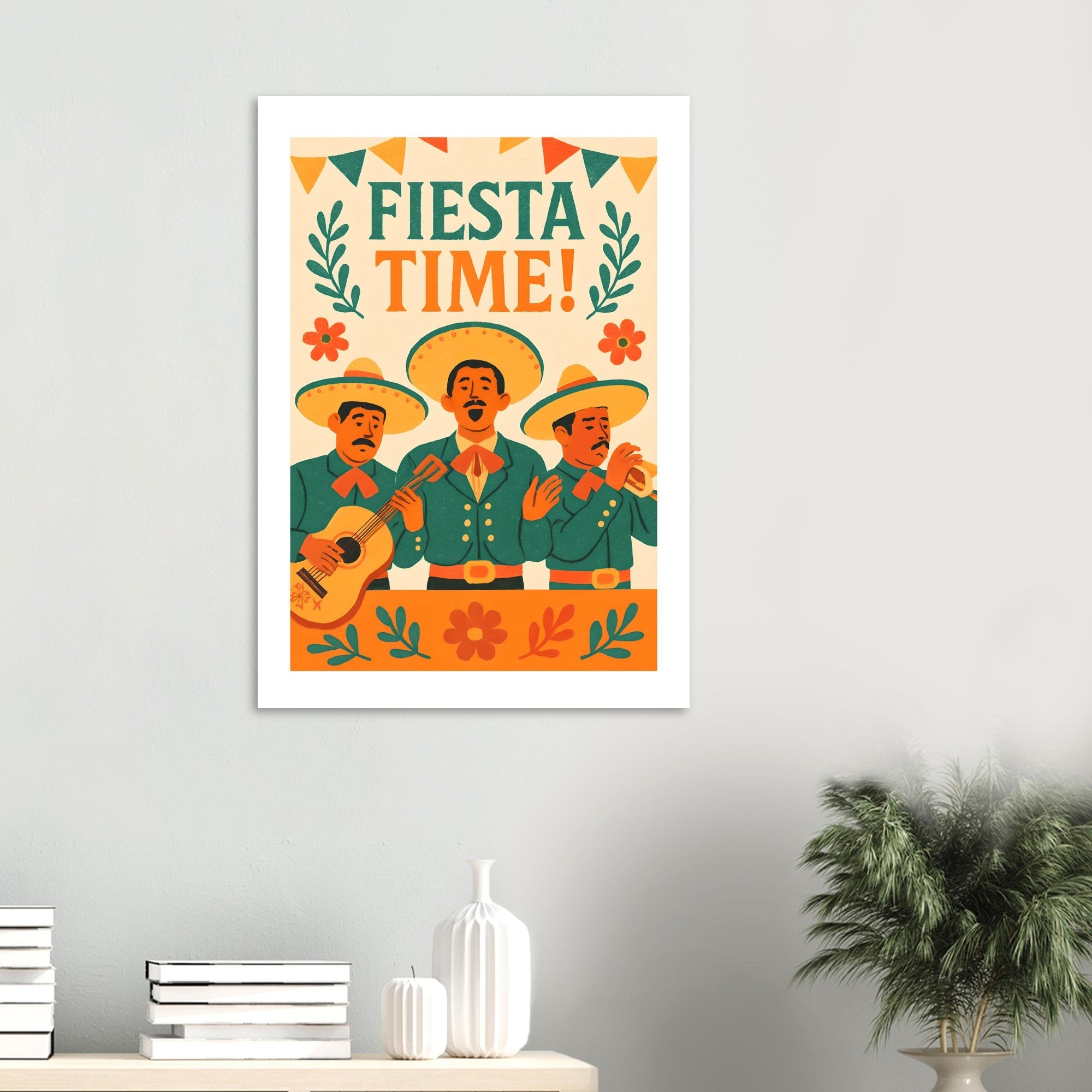 Fiesta Time Poster – Retro Mexican Wall Art – Vintage Mariachi Band Print – Colorful Festival & Cinco de Mayo Home Decor