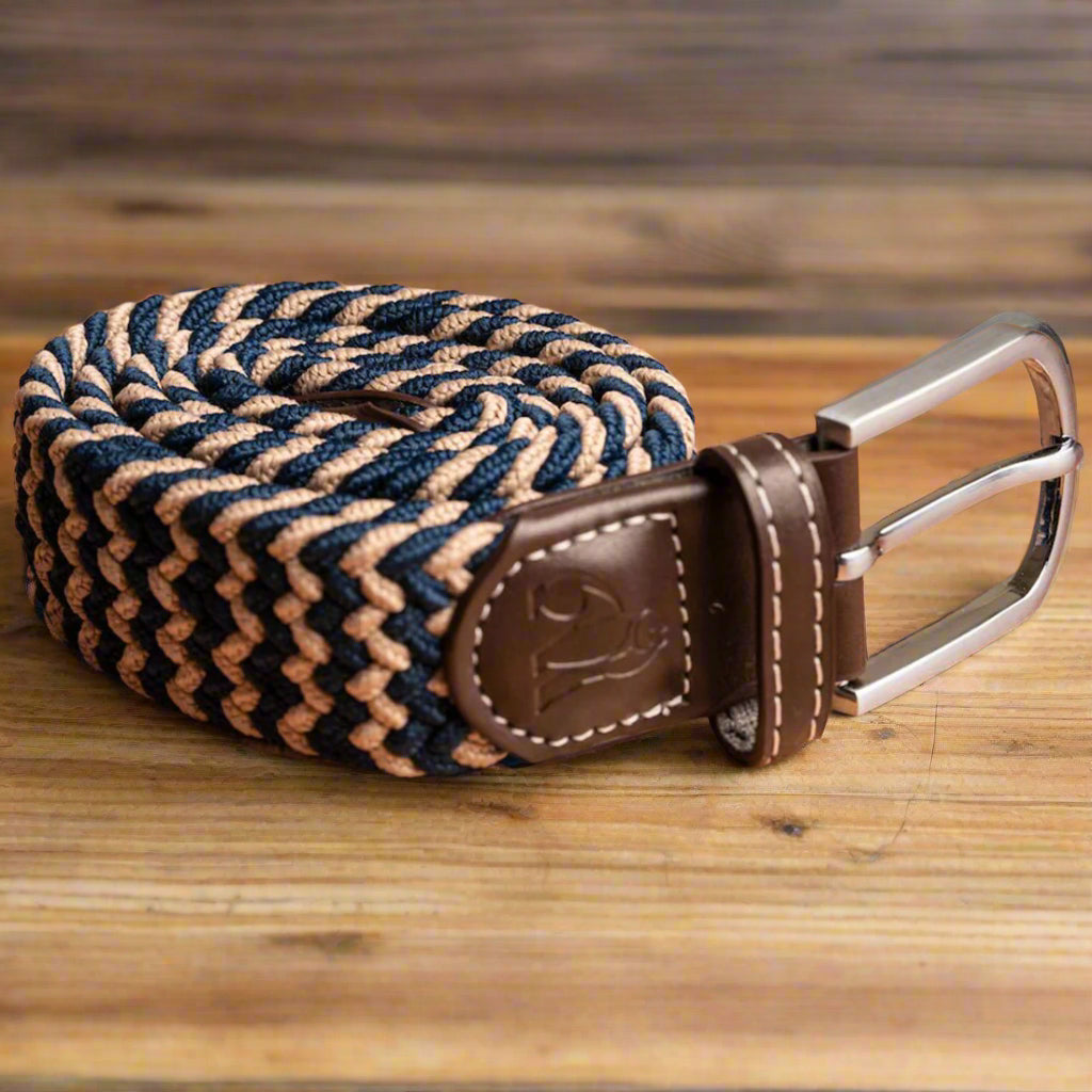 Swole Panda Recycled Woven Belt – Beige & Blue Zigzag Elasticated