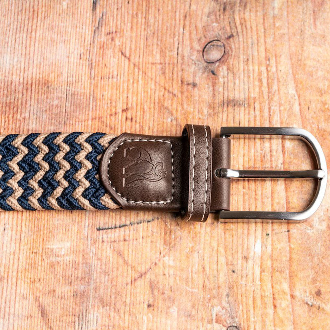 Swole Panda Recycled Woven Belt – Beige & Blue Zigzag Elasticated