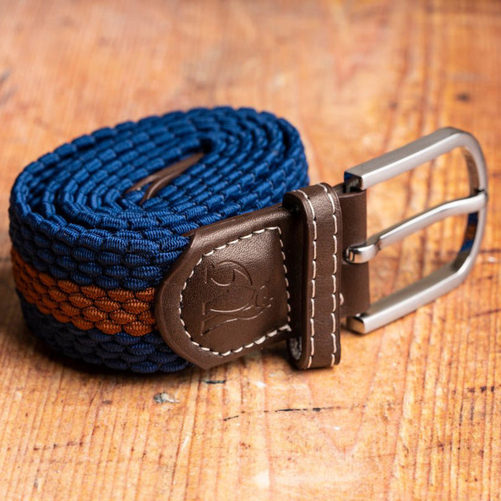 Swole Panda Recycled Woven Belt – Blue & Brown Stripe Elasticated