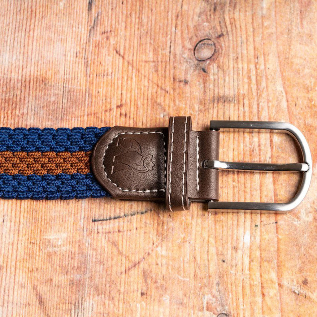 Swole Panda Recycled Woven Belt – Blue & Brown Stripe Elasticated