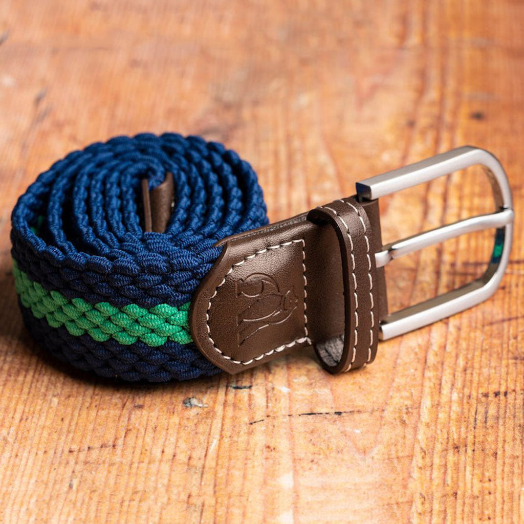 Swole Panda Recycled Woven Belt – Blue & Green Stripe Elasticated