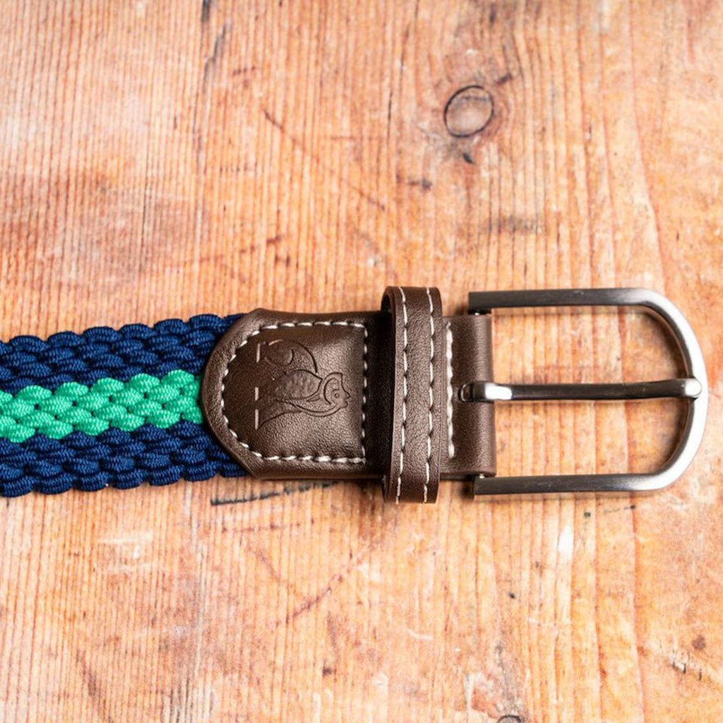 Swole Panda Recycled Woven Belt – Blue & Green Stripe Elasticated
