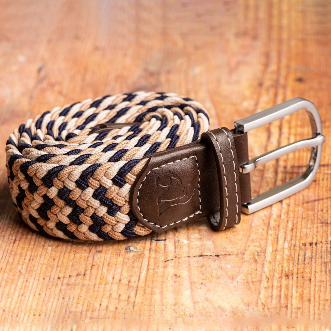 Swole Panda Recycled Woven Belt – Navy & Beige Zigzag Elasticated