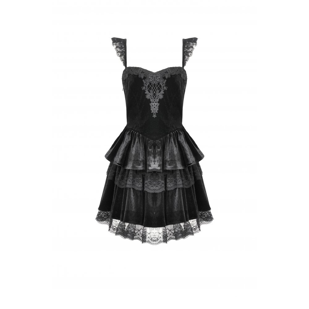 Dark in Love Nocturne Black Velvet Lace Ruffled Goth Dress