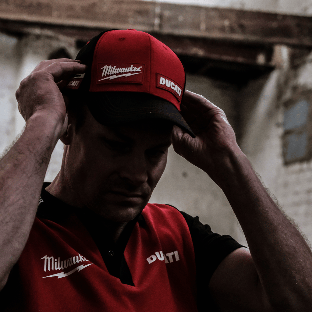 Milwaukee Tools x Ducati Team-Wear Trucker Hat – Red & Black Cotton Cap
