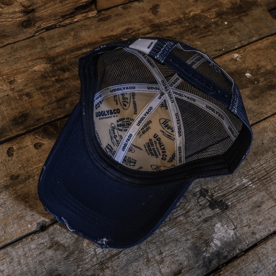 Uggly & Co Navy Blue & White Diamond Distressed Trucker Hat