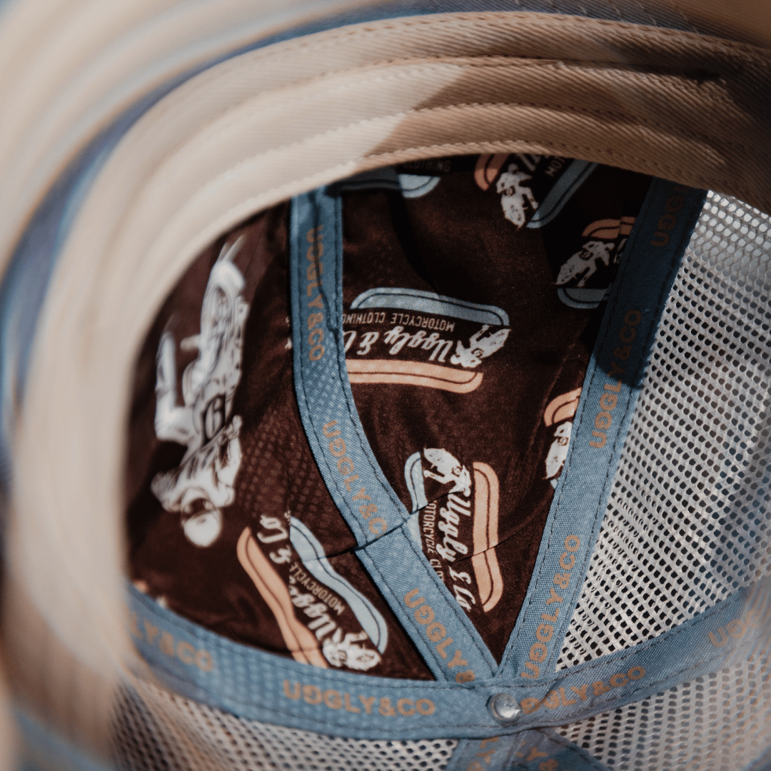 Uggly and Co Flat Track Trucker Hat – Dusty Blue and Brown Vintage Cap