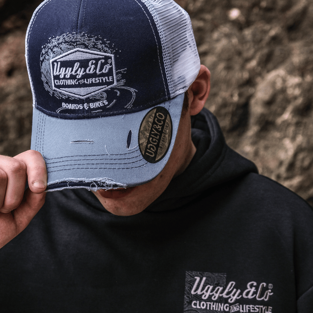 Uggly and Co Blue Surf Diamond Trucker Hat – Distressed Mesh Cap