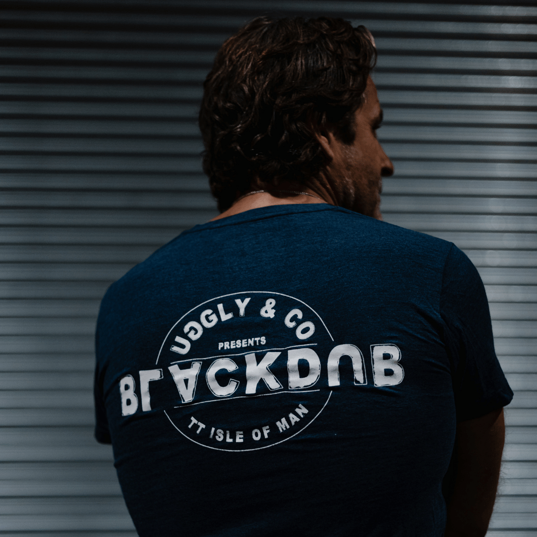 Uggly and Co Blue Stamp Tee – 100% Cotton Isle of Man Motorcycle T-Shirt