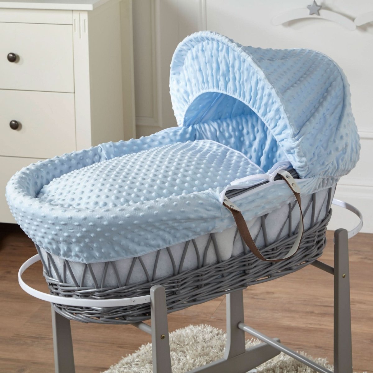 For Your Little One Grey Wicker Moses Basket with Stand - Blue Dimple