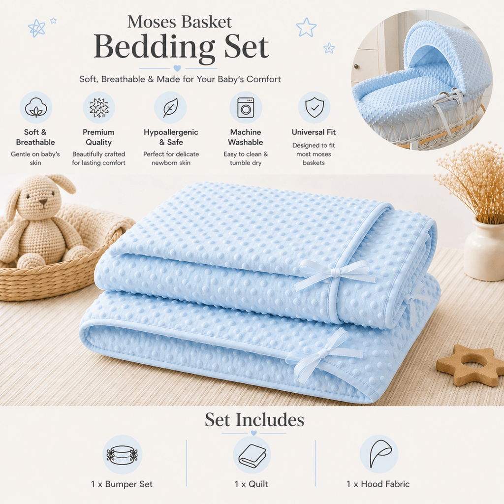 For Your Little One Blue Dimple Moses Basket Bedding Set | 3-Piece Set