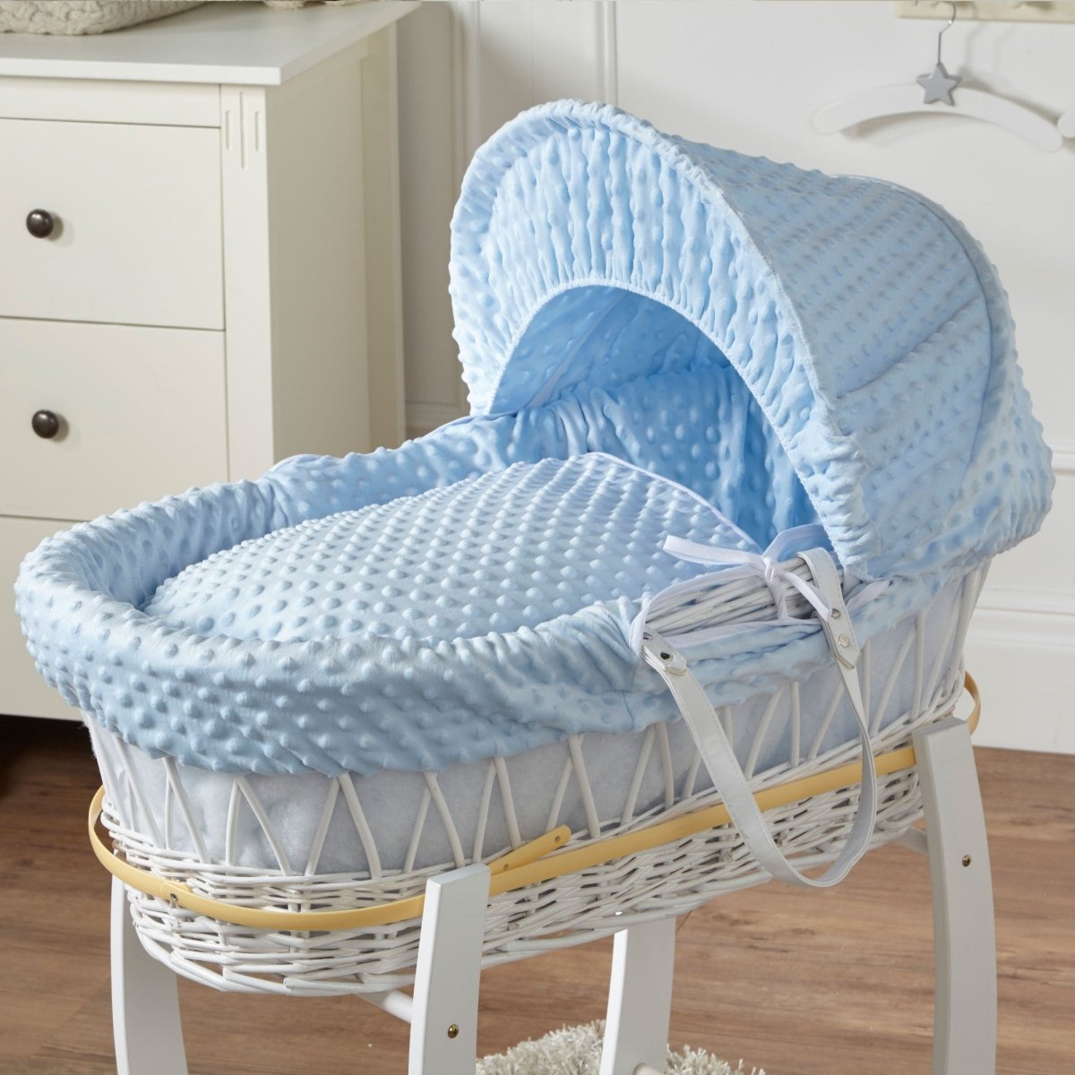 For Your Little One White Wicker Moses Basket & Stand - Blue Dimple