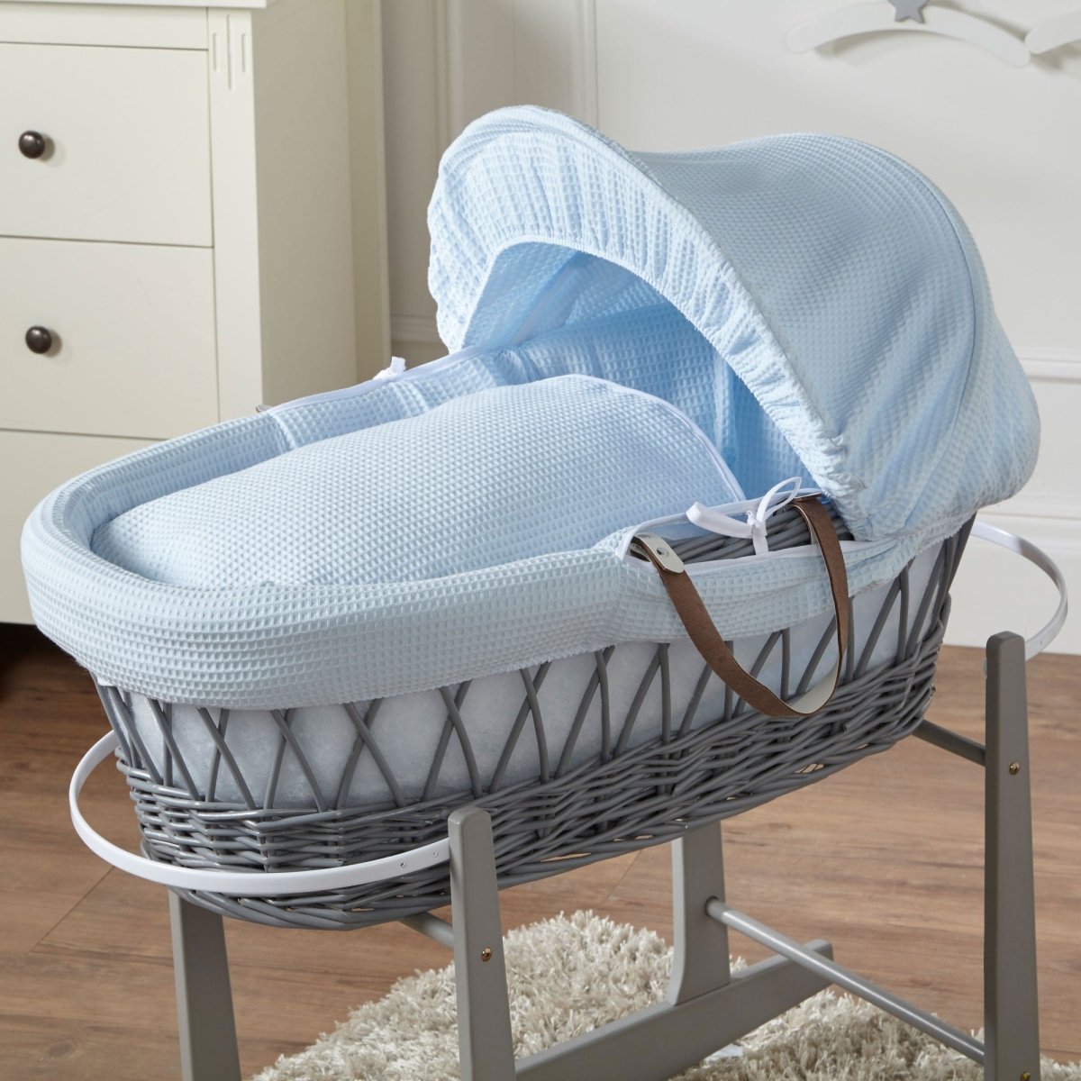 For Your Little One Grey Wicker Moses Basket & Stand - Blue Waffle