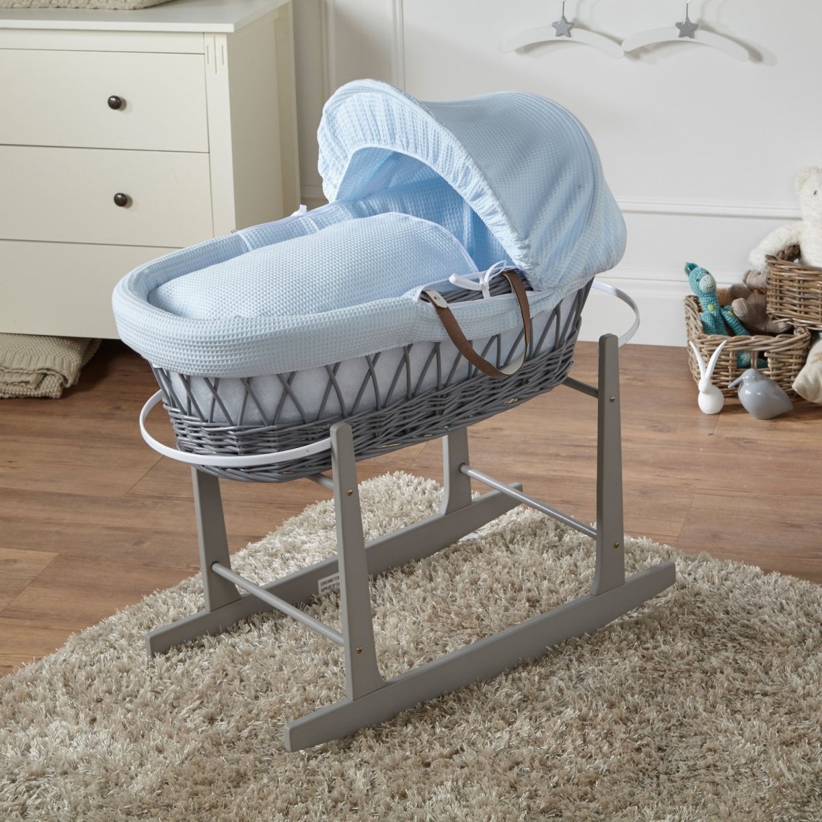For Your Little One Grey Wicker Moses Basket & Stand - Blue Waffle
