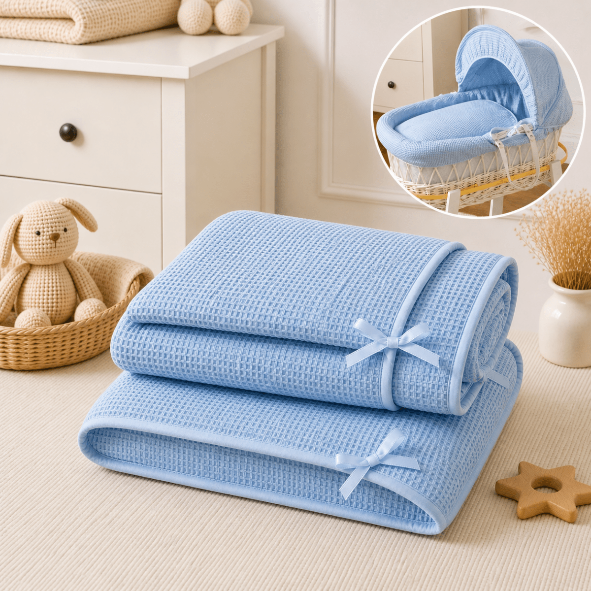 For Your Little One Blue Waffle Moses Basket Bedding Set with Liner
