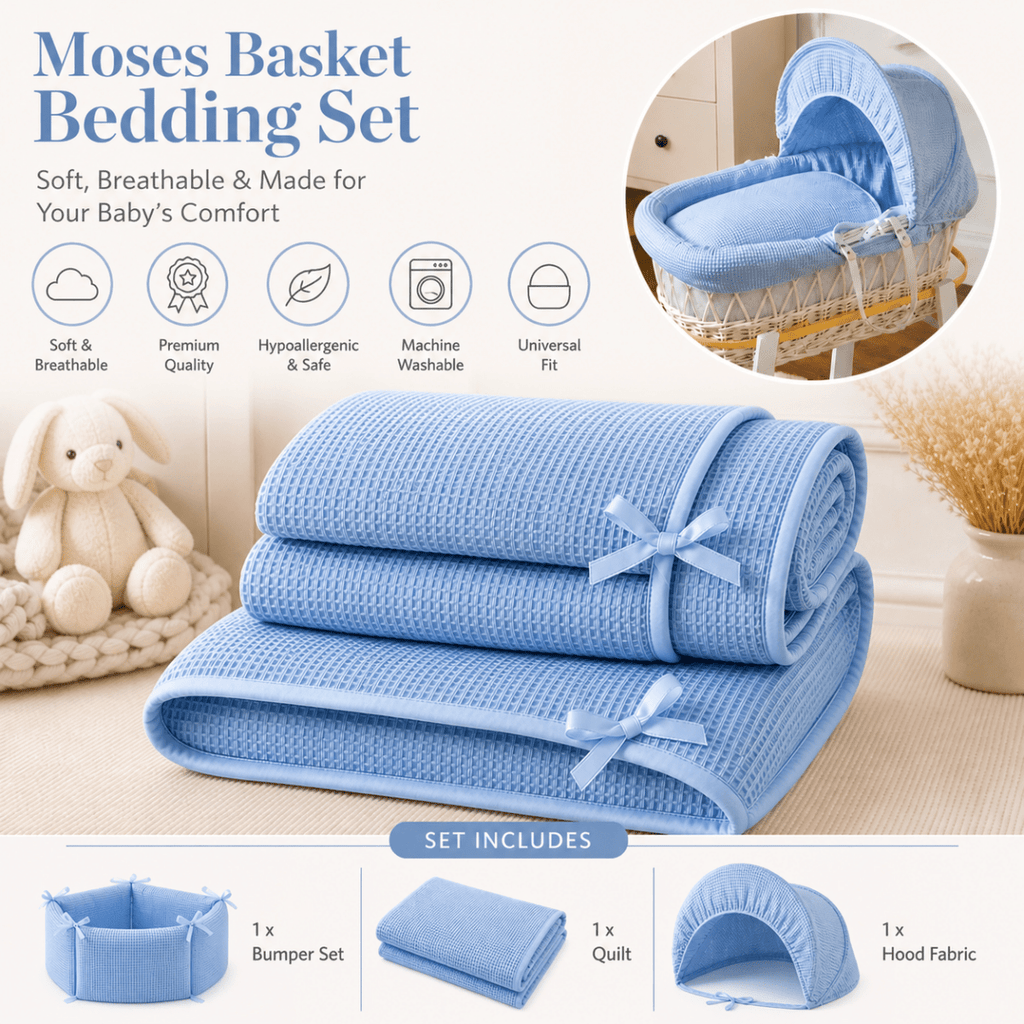 For Your Little One Blue Waffle Moses Basket Bedding Set with Liner