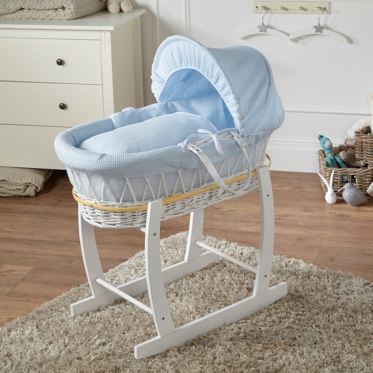 For Your Little One Blue Waffle White Wicker Moses Basket with Stand