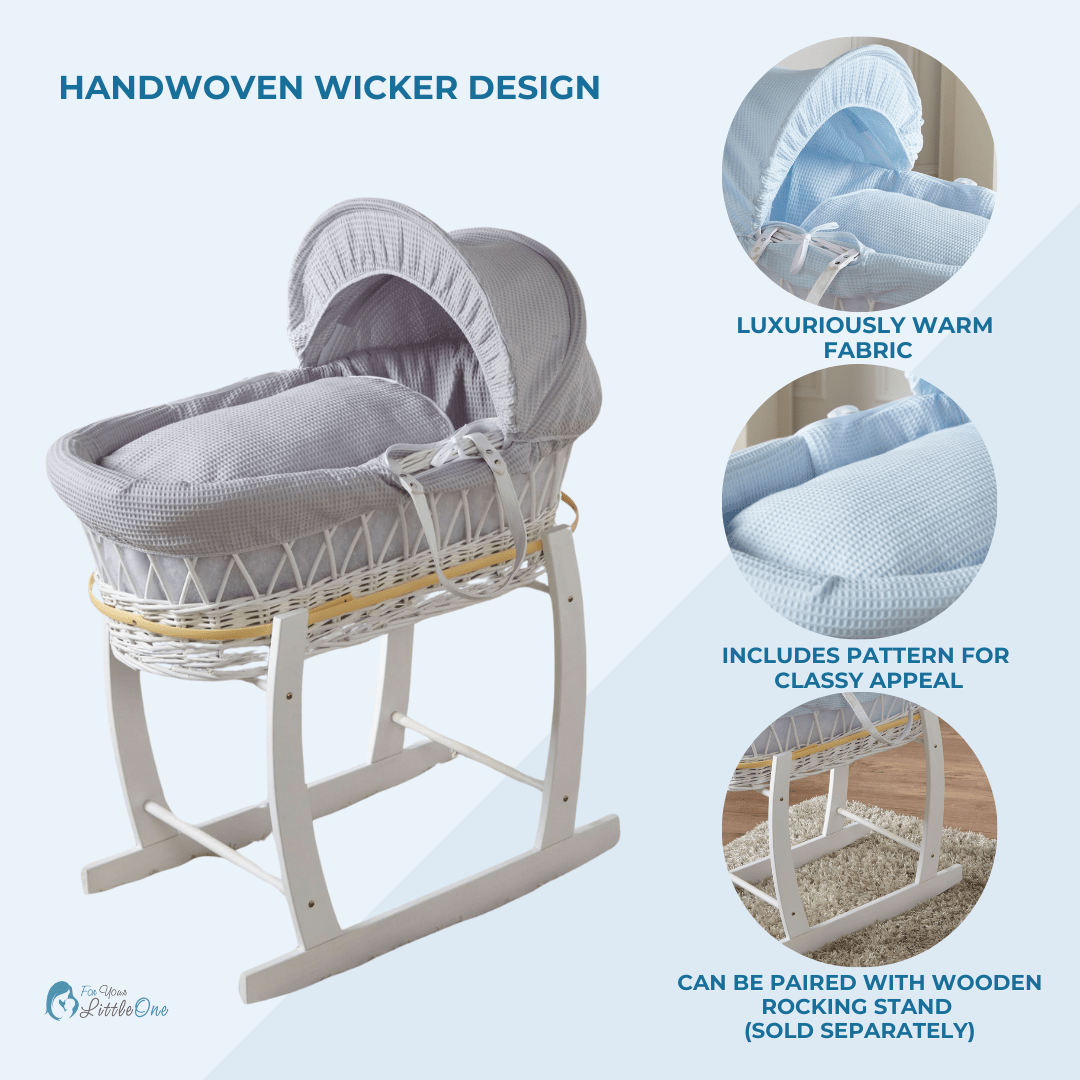 For Your Little One Blue Waffle White Wicker Moses Basket with Stand
