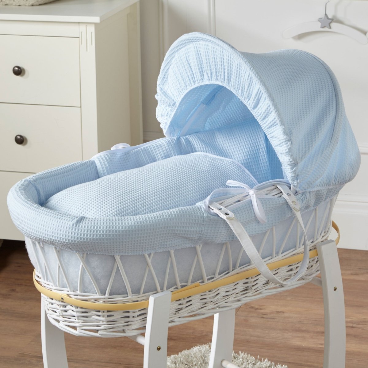 For Your Little One Blue Waffle White Wicker Moses Basket with Stand