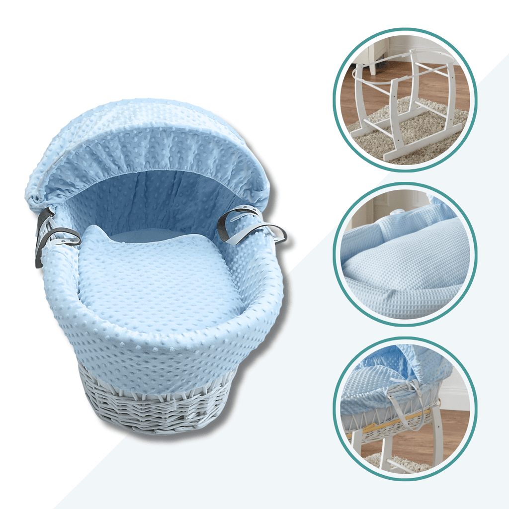 For Your Little One Blue Waffle White Wicker Moses Basket with Stand