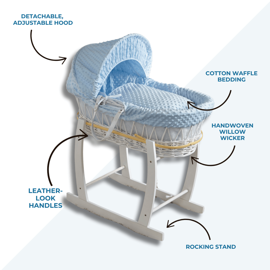 For Your Little One Blue Waffle White Wicker Moses Basket with Stand