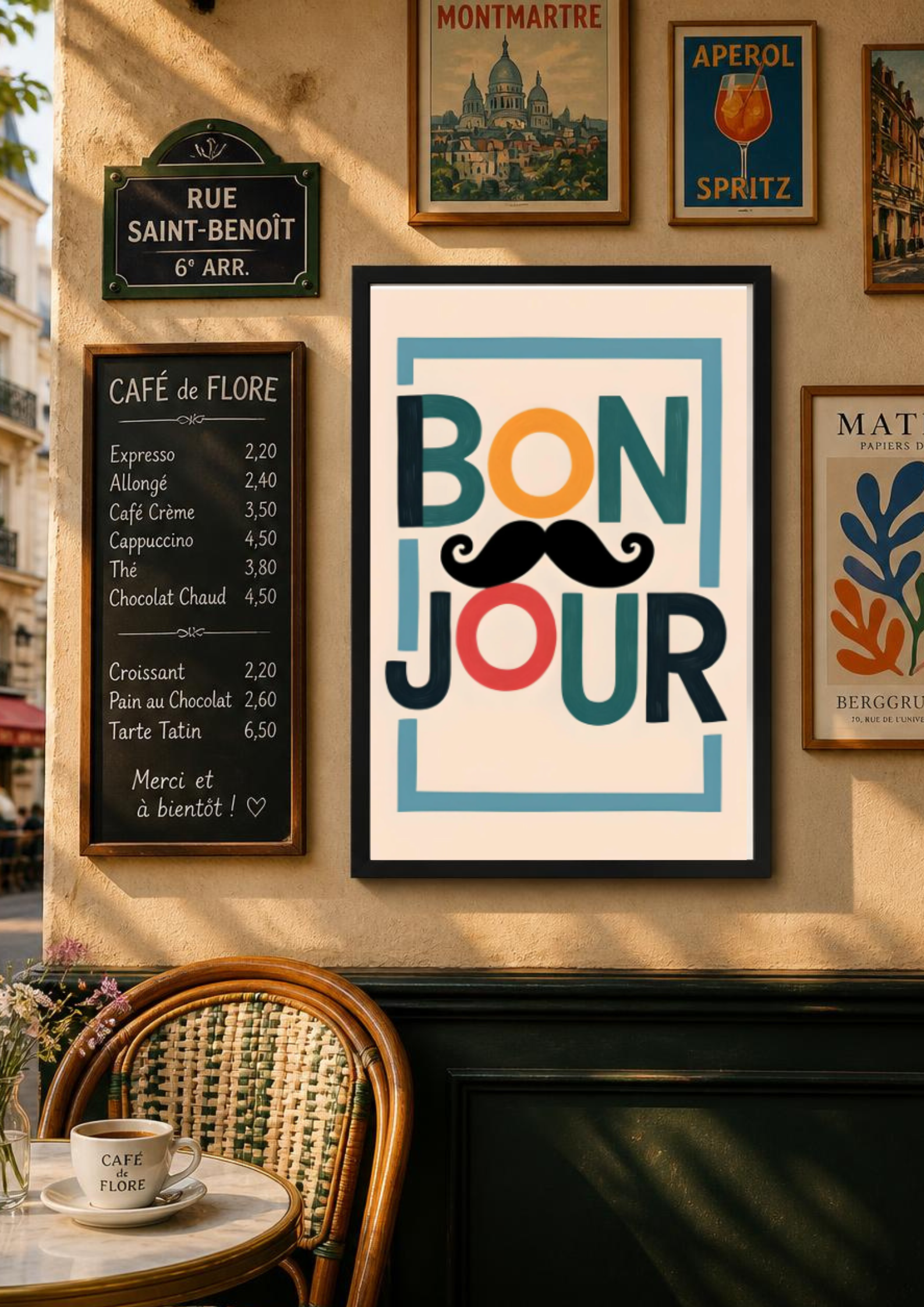 Bonjour Poster - Quirky French Greeting Wall Art with Mustache - Fun Living Room & Café Decor