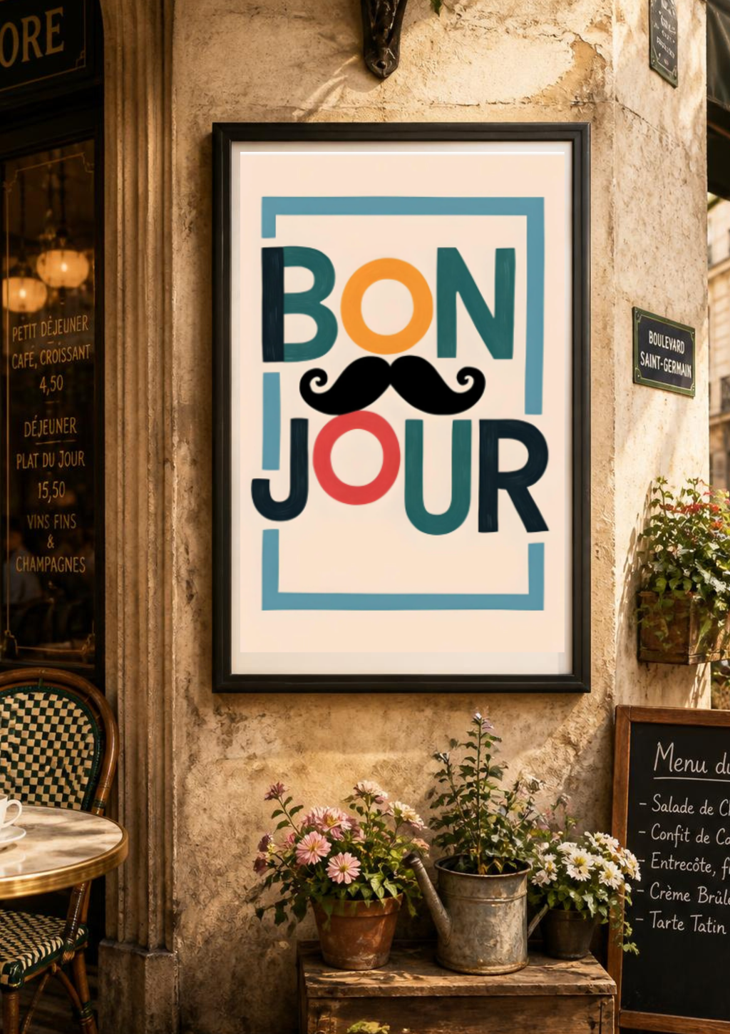 Bonjour Poster - Quirky French Greeting Wall Art with Mustache - Fun Living Room & Café Decor